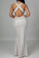 Elegant Sequin V-Neck Sleeveless Slim Fit Fishtail Dress