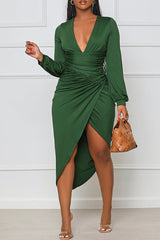 V-Neck Long Sleeve High Waist Slim Fit Irregular Midi Dress