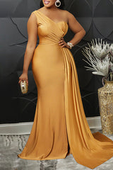 Fashion Solid Color Slim Fit One Shoulder High Waist Draped Party Maxi Dress