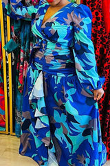 Vintage Print V-Neck High Waist Ruffled Slit Maxi Dress