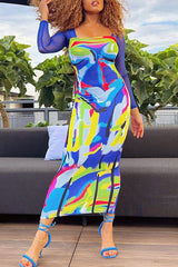 Fashion Printed Mesh Panel Slim Fit Long Sleeve Dress
