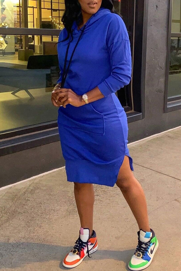Casual Fashion Pocket Solid Color Hoodie Dress