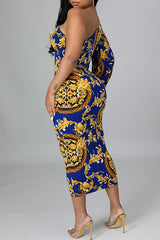 Temperament Commuter Fashion Retro Print Irregular Cutout Midi Dress