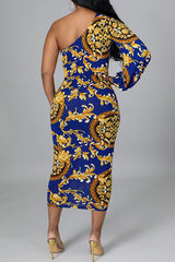 Temperament Commuter Fashion Retro Print Irregular Cutout Midi Dress