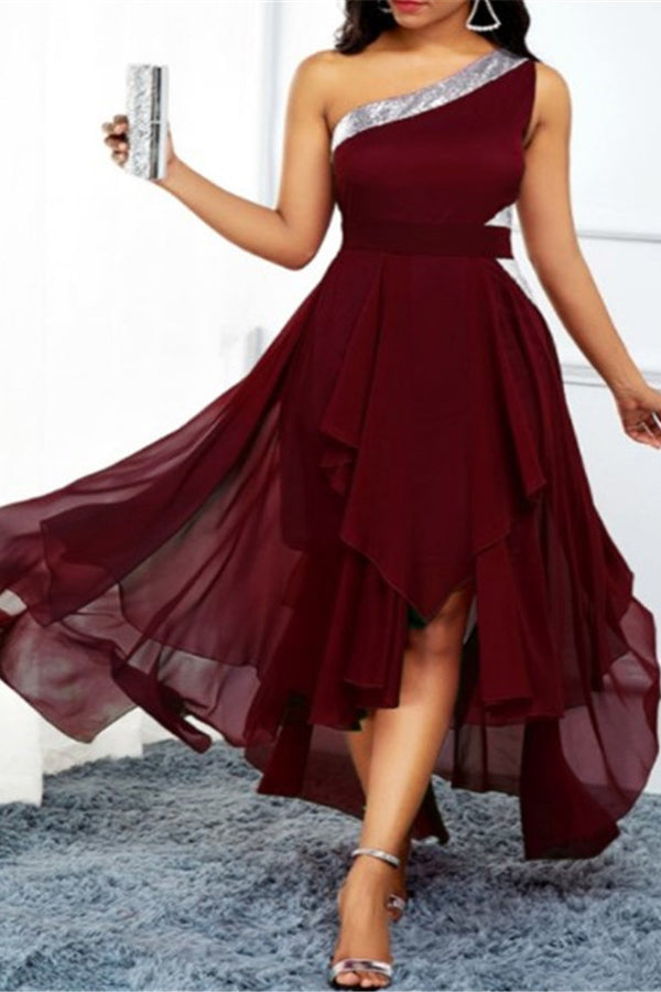 Stylish Asymmetric One-Shoulder Slant-Neck Swing Dress