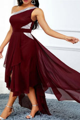 Stylish Asymmetric One-Shoulder Slant-Neck Swing Dress