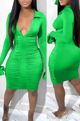 V-Lapel Long Sleeve Gathered Slim Fit Midi Dress