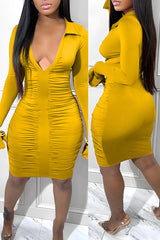 V-Lapel Long Sleeve Gathered Slim Fit Midi Dress