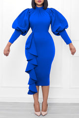 Temperament Elegant Lantern Long-sleeved Irregular Ruffle Midi Dress