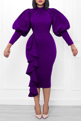 Temperament Elegant Lantern Long-sleeved Irregular Ruffle Midi Dress