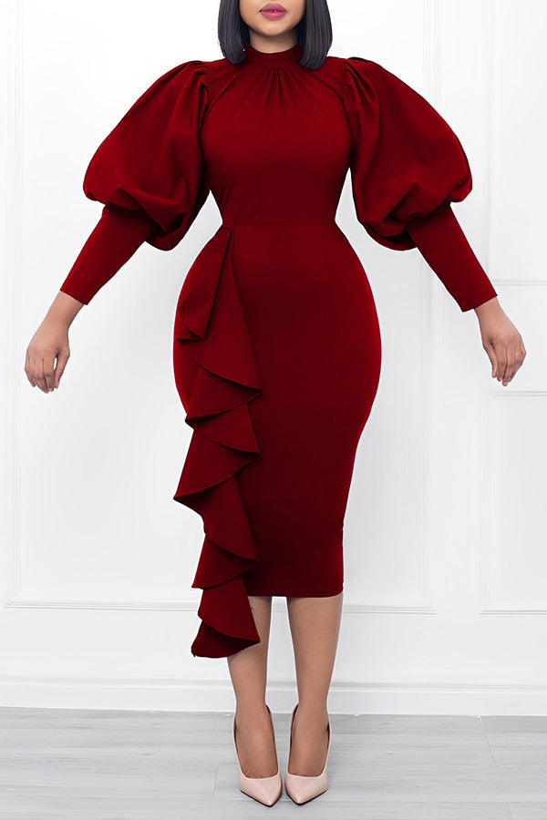 Temperament Elegant Lantern Long-sleeved Irregular Ruffle Midi Dress