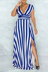 Temperament Stripe Print Short Sleeve V-neck Slim Fit Slit Maxi Dress