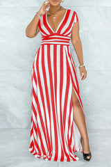 Temperament Stripe Print Short Sleeve V-neck Slim Fit Slit Maxi Dress