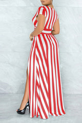 Temperament Stripe Print Short Sleeve V-neck Slim Fit Slit Maxi Dress