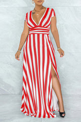 Temperament Stripe Print Short Sleeve V-neck Slim Fit Slit Maxi Dress