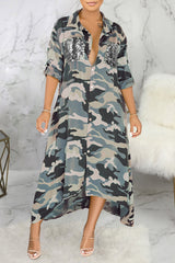 Sleek Camouflage Print Sequin Pocket Single Breasted Maxi Dress
