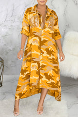 Sleek Camouflage Print Sequin Pocket Single Breasted Maxi Dress