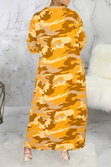 Sleek Camouflage Print Sequin Pocket Single Breasted Maxi Dress