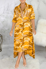 Sleek Camouflage Print Sequin Pocket Single Breasted Maxi Dress