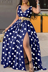 Sexy Polka Dot Print Sleeveless V-Neck High Slit Maxi Dress (Without Belt)