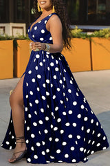 Sexy Polka Dot Print Sleeveless V-Neck High Slit Maxi Dress (Without Belt)