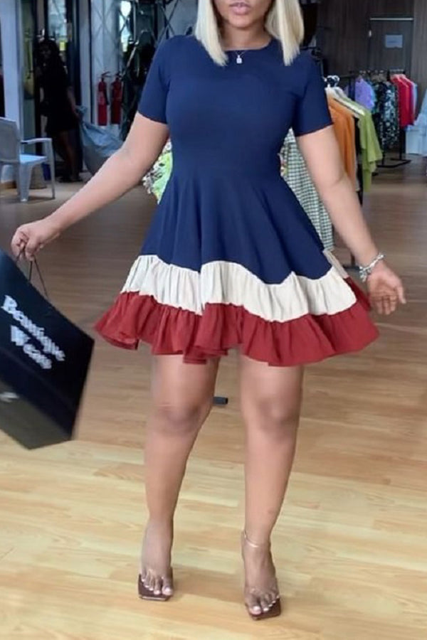 Pretty Short Sleeve Colorful Patchwork A-Line Mini Dress