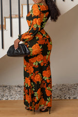 Sexy V-neck Long Sleeve Flower Print Slim Fit Slit Maxi Dress