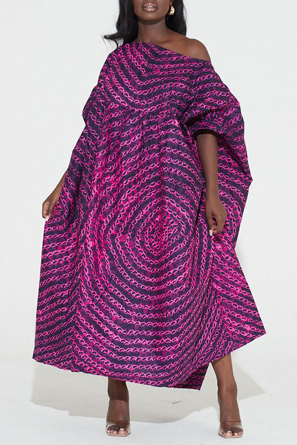 Chic Graphic Print Batwing Sleeve Slash Neck Plus Size Midi Dress