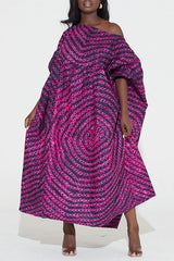 Chic Graphic Print Batwing Sleeve Slash Neck Plus Size Midi Dress