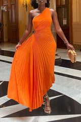 Elegant Solid Color Waist Cutout One Shoulder Sleeveless Pleated Maxi Dress