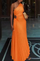 Elegant Solid Color Waist Cutout One Shoulder Sleeveless Pleated Maxi Dress