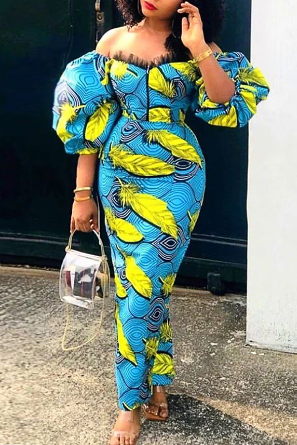 Elegant Print Puff Sleeve Slim Fit Mesh Stitching Bandeau Plus Size Maxi Dress