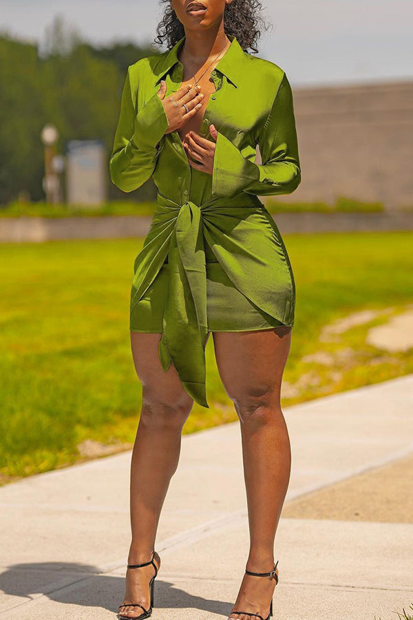 Fashion Long Sleeve Knotted Viscose Solid Color Mini Dress