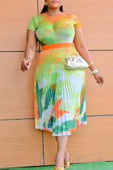 Temperament Short Sleeve Print Slim Pleated Midi Dress