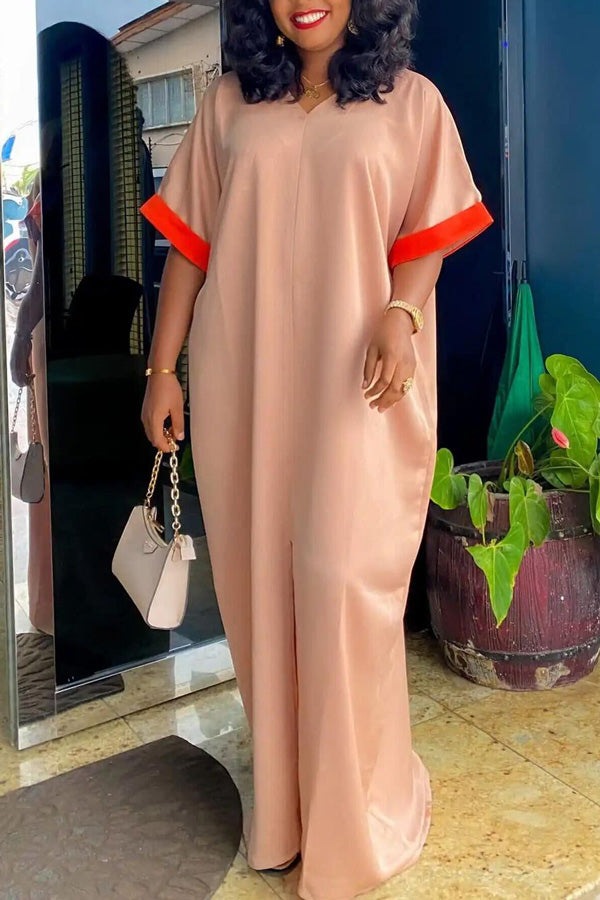 Comfortable V-neck Contrast Short Sleeve Loose Maxi Dress