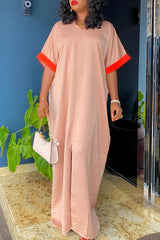 Comfortable V-neck Contrast Short Sleeve Loose Maxi Dress
