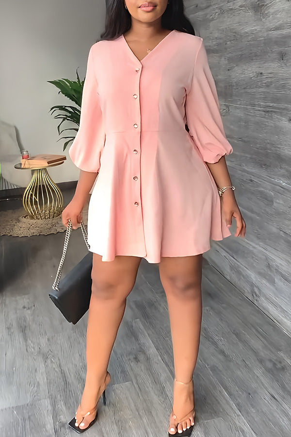 Temperament Solid Color V-neck Half Single Breasted A-Line Mini Dress