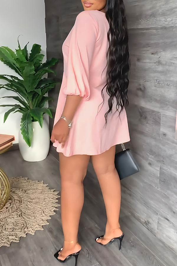 Temperament Solid Color V-neck Half Single Breasted A-Line Mini Dress