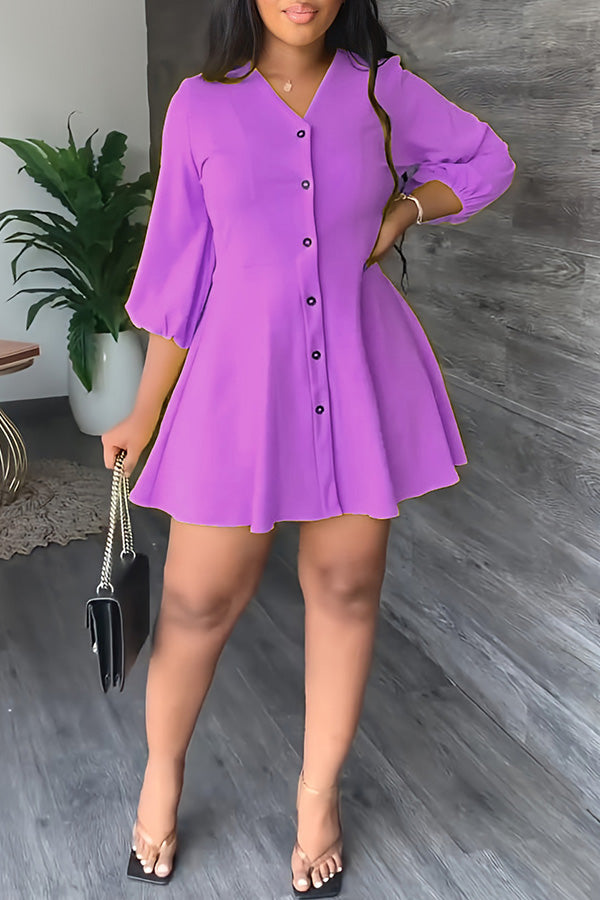 Temperament Solid Color V-neck Half Single Breasted A-Line Mini Dress