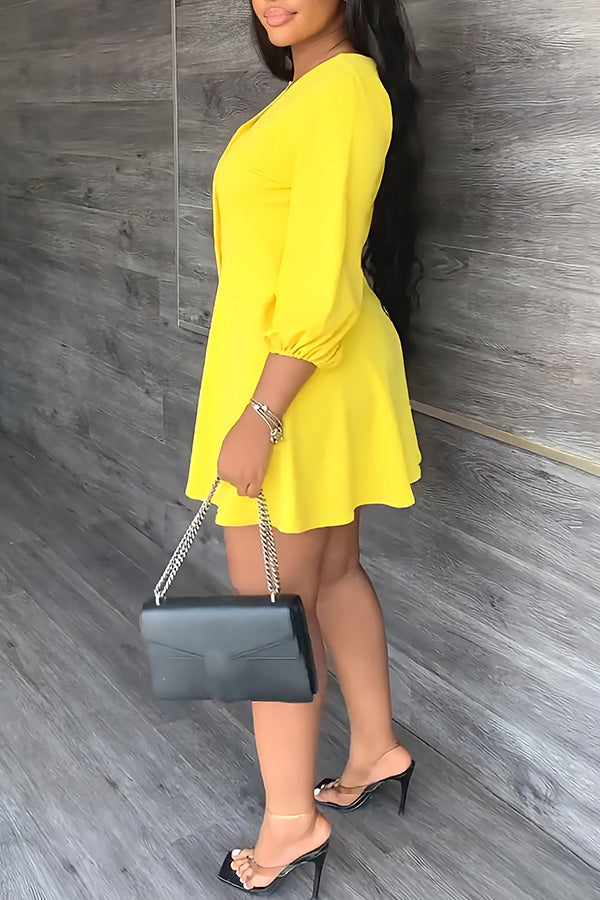 Temperament Solid Color V-neck Half Single Breasted A-Line Mini Dress
