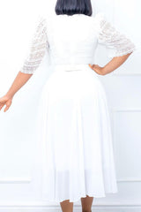 Temperament Lace Stitching Half Sleeve Square Collar Belt Chiffon Midi Dress