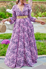 Fashion Plus Size Snake Print Long Sleeve V-neck Maxi Dress (Without Belt)