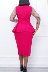Commuter Polka Dot Mesh Sleeve V-neck Pleated Slim Midi Dress