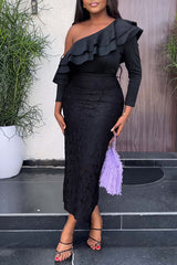 Elegant One Shoulder Ruffle Lace Solid Color Slim Long Sleeve Maxi Dress