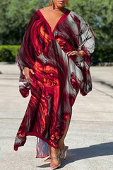 Sexy Plus Size Satin Print V-neck Batwing Sleeve Slit Loose Maxi Dress