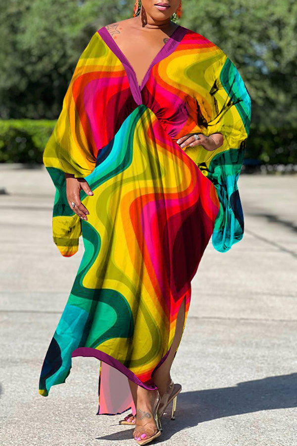 Sexy Plus Size Satin Print V-neck Batwing Sleeve Slit Loose Maxi Dress