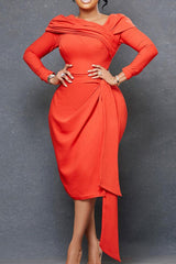 Elegant Solid Color Irregular Pleated Long Sleeve Slim Maxi Dress