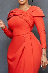 Elegant Solid Color Irregular Pleated Long Sleeve Slim Maxi Dress