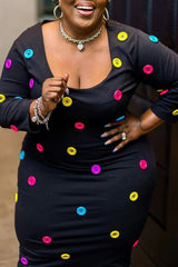 Fashion Plus Size Colorful Button Embellished Long Sleeve Slim Midi Dress