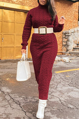 Temperament High Neck Solid Color Slim Twist Knit Maxi Dress (Without Belt)